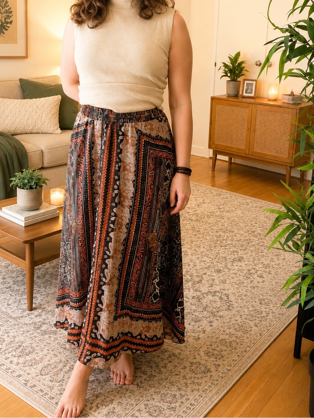 Paisley Print Pleated Midi Skirt in Brown and Rust